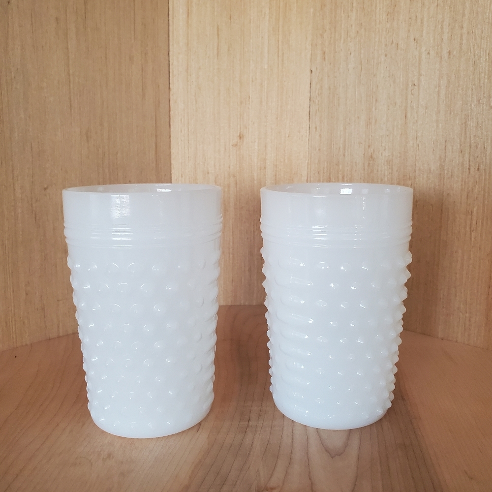 Set of Two Vintage White Milk Glass Anchor Hocking Hobnail Tumblers